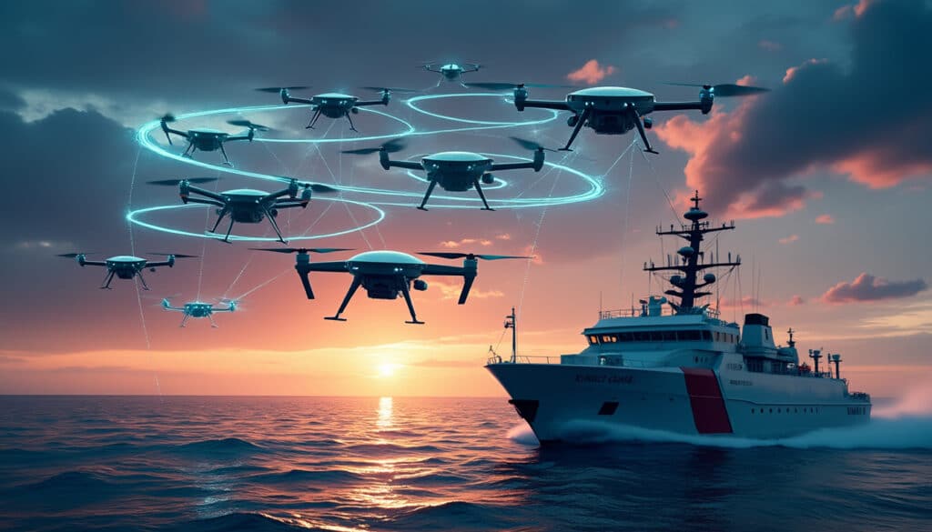découvrez comment les patrouilles de drones en réseau maillé renforcent la surveillance des gardes-côtes en étendant la couverture radar pour une sécurité maritime optimisée.