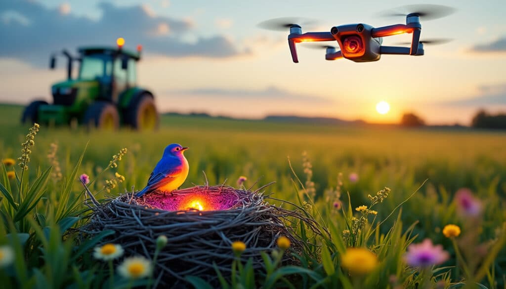 découvrez comment la détection des nids d'oiseaux au sol grâce à la caméra thermique permet de retarder la fauche des prairies agricoles, protégeant ainsi la biodiversité et optimisant les pratiques agricoles.