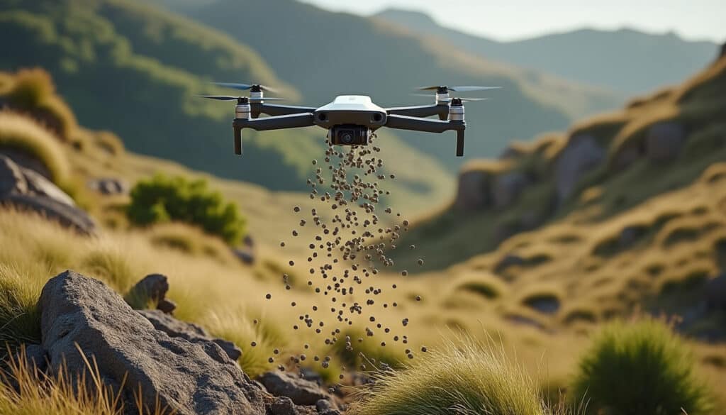 découvrez comment le semis direct par boulettes d'argile larguées au drone révolutionne la revitalisation des pâturages inaccessibles, en facilitant la régénération naturelle et durable des sols.
