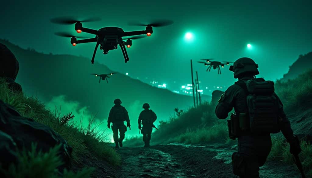 découvrez comment la vision nocturne des drones militaires améliore la sécurité et l'efficacité des forces spéciales au sol en surveillant le périmètre d'action dans l'obscurité.