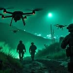découvrez comment la vision nocturne des drones militaires améliore la sécurité et l'efficacité des forces spéciales au sol en surveillant le périmètre d'action dans l'obscurité.