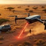 découvrez comment la télémétrie laser d’un drone mesure avec précision la distance des braconniers repérés dans la savane.