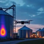 la thermographie par drone repère les zones de chaleur anormale dans les silos agricoles et aide à détecter la fermentation des grains stockés.