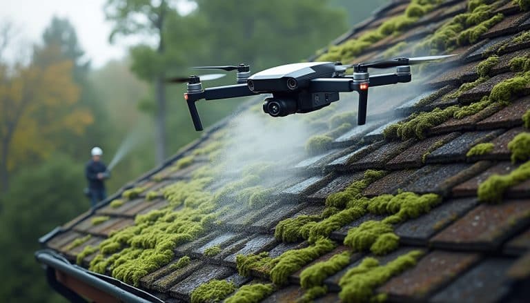 démoussez et nettoyez votre toiture grâce à un drone pulvérisateur haute pression, sans échafaudage : une solution rapide, sûre et efficace.