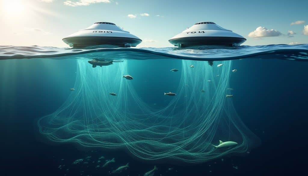 grâce à leurs sonars embarqués, les drones nautiques détectent les réseaux de filets de pêche illégaux et contribuent à protéger les écosystèmes marins.